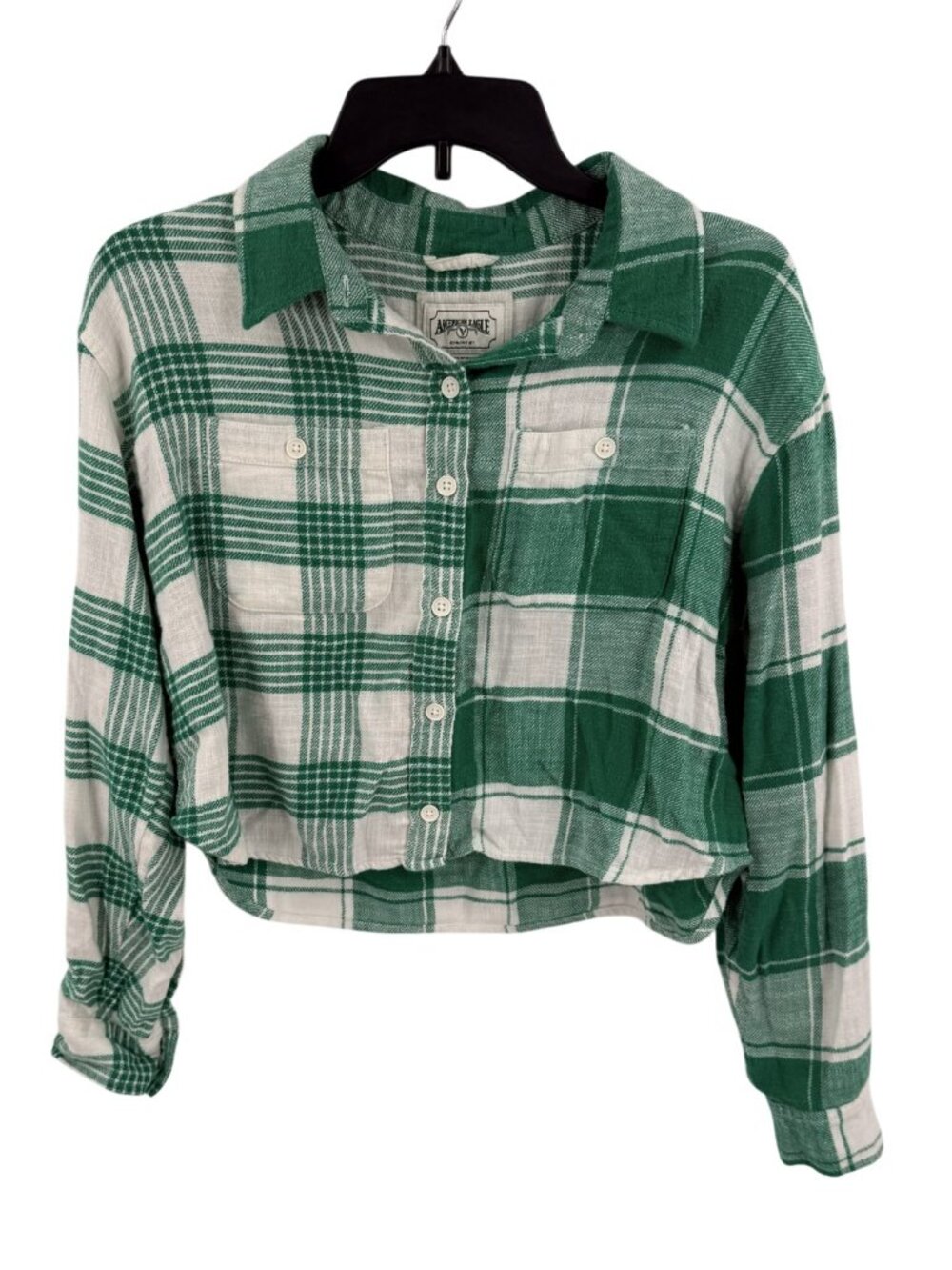 American Eagle Outfitters Green Plaid Cropped Flannel Shirt Womens Size XS